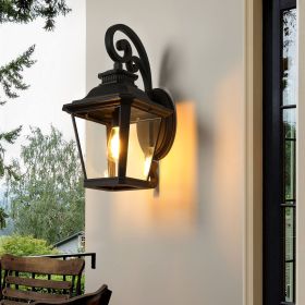 21"(H) 1-Pack Outdoor Wall Lantern Light – Vintage Black Metal & Clear Glass Sconce with Decorative Scroll Design for Porch, Patio, and Garden Lightin
