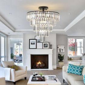20" Black Crystal Chandelier Ceiling Light, Modern Luxury 10-Light Flush Mount Light Fixture, Elegant Home Lighting for Living Room, Dining Room, Bedr