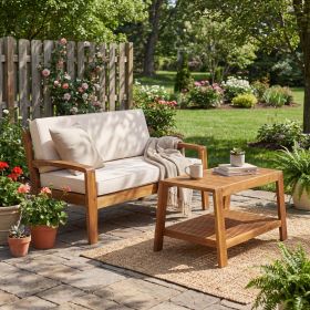 2-Piece Outdoor Teak Acacia Wood Conversation Set - Loveseat & Coffee Table with Beige Water-Resistant Cushions for Patio, Deck & Backyard