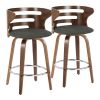 Fixed-Height Counter Stool with Swivel in Walnut Wood and Charcoal Fabric with Round Chrome Metal Footrest - Set of 2