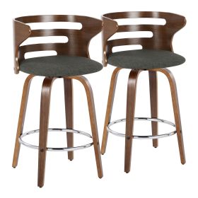 Fixed-Height Counter Stool with Swivel in Walnut Wood and Charcoal Fabric with Round Chrome Metal Footrest - Set of 2