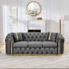 90.6 Inches Velvet Button Tufted Sofa Couch with 2 Pillows, 3 Seater Luxury Chesterfield Sofa Set with Gold Stainless Steel Accents for Living Room, 2