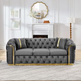 90.6 Inches Velvet Button Tufted Sofa Couch with 2 Pillows, 3 Seater Luxury Chesterfield Sofa Set with Gold Stainless Steel Accents for Living Room, 2