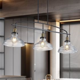 45" Industrial 3-Light Pendant Chandelier with Clear Glass Shades, Black Metal Frame, Adjustable Height, Modern Farmhouse Lighting for Kitchen Island,