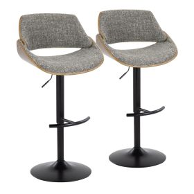 Fabrizzi Mid-Century Modern Adjustable Barstool in Walnut Wood, Black Metal and Noise Grey Fabric with Rounded T Footrest by - Set of 2