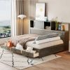 Full Size Wooden Daybed with 3 Storage Drawers, Upper Soft Board, shelf, and a set of Sockets and USB Ports, Gray