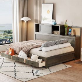 Full Size Wooden Daybed with 3 Storage Drawers, Upper Soft Board, shelf, and a set of Sockets and USB Ports, Gray