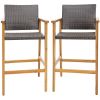 Set of 2 PE Wicker Patio Bar Chairs with Acacia Wood Armrests
