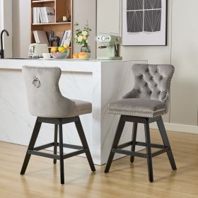 Swivel Velvet Barstools with Button Tufted Decoration and Wooden Legs, and Chrome Nailhead Trim, Leisure Style Bar Chairs,Bar stools, Set of 2 (Gray),