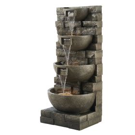 Outdoor Water Fountain, 35.63 in Height Fountain and Waterfall, 4-Tier Floor Standing Cascading Fountains with LED Light and Pump, Block Stack Style,