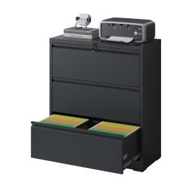 Lateral File Cabinet 3 Drawer, Black Filing Cabinet with Lock, Lockable File Cabinet for Home Office, Locking Metal File Cabinet for Legal/Letter/A4/F