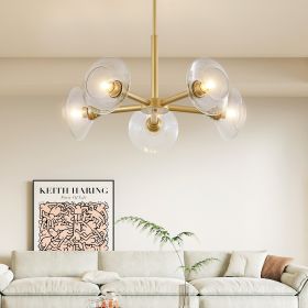 26" Modern Gold 5-Light Sputnik Chandelier with Clear Glass Shades, Mid-Century Hanging Pendant Light Fixture for Dining Room, Living Room, or Kitchen