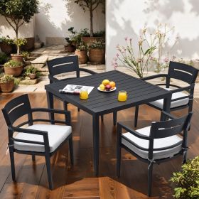 5-Piece Outdoor Patio Aluminum Furniture, Modern Dining Set, including 4 Dining Chairs Sunbrella Fabric Cushioned and 40" Square Dining Table with Umb