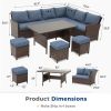7 Piece Wicker Patio Dining Set 9-Seat Outdoor Sectional Blue Cushions Sofa with Ottomans & Dining Table Porch Backyard Garden