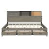 Full Size Wooden Daybed with 3 Storage Drawers, Upper Soft Board, shelf, and a set of Sockets and USB Ports, Gray