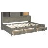 Full Size Wooden Daybed with 3 Storage Drawers, Upper Soft Board, shelf, and a set of Sockets and USB Ports, Gray