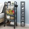 5 Tier Rolling Utility Cart with Wheels, Heavy Duty Metal Storage Organizer Trolley with Hooks and Removable Baskets, Multi-Purpose Snack Cart for Kit