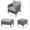 5-Piece Rattan Wicker Outdoor Patio Conversation Set Gray/Light Gray with Cushioned Chairs Ottomans And Tempered Glass Coffee Table