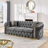 90.6 Inches Velvet Button Tufted Sofa Couch with 2 Pillows, 3 Seater Luxury Chesterfield Sofa Set with Gold Stainless Steel Accents for Living Room, 2