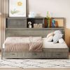 Full Size Wooden Daybed with 3 Storage Drawers, Upper Soft Board, shelf, and a set of Sockets and USB Ports, Gray