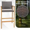 Set of 2 PE Wicker Patio Bar Chairs with Acacia Wood Armrests