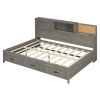 Full Size Wooden Daybed with 3 Storage Drawers, Upper Soft Board, shelf, and a set of Sockets and USB Ports, Gray