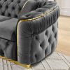90.6 Inches Velvet Button Tufted Sofa Couch with 2 Pillows, 3 Seater Luxury Chesterfield Sofa Set with Gold Stainless Steel Accents for Living Room, 2