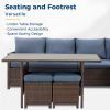 7 Piece Wicker Patio Dining Set 9-Seat Outdoor Sectional Blue Cushions Sofa with Ottomans & Dining Table Porch Backyard Garden