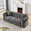 90.6 Inches Velvet Button Tufted Sofa Couch with 2 Pillows, 3 Seater Luxury Chesterfield Sofa Set with Gold Stainless Steel Accents for Living Room, 2