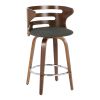 Fixed-Height Counter Stool with Swivel in Walnut Wood and Charcoal Fabric with Round Chrome Metal Footrest - Set of 2