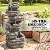 40" Tall Outdoor Waterfall Fountain with LED Lights, 6-Tier Cascading Waterfall Feature, Resin Garden Fountain, Gray