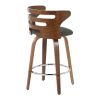Fixed-Height Counter Stool with Swivel in Walnut Wood and Charcoal Fabric with Round Chrome Metal Footrest - Set of 2