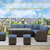 7 Piece Wicker Patio Dining Set 9-Seat Outdoor Sectional Blue Cushions Sofa with Ottomans & Dining Table Porch Backyard Garden