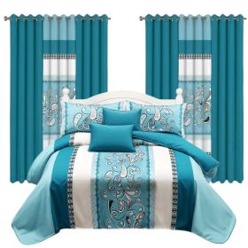 9 Piece Room In A Bag Quilt And Curtain Set, US Designer Turquoise Aqua Blue Paisley Scroll Print Heavyweight Bedspread With 6 Customizable Window Pan (Option: King)