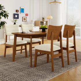 Farmhouse Dining Table Set for 4, Wood Kitchen Table & 4 Upholstered Chairs with Sturdy Rubber Wood Frame, Padded Seat, Curved Backrest, Space-Saving (Option: Brown+Beige)