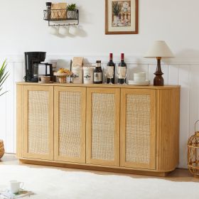 64-inch Wave Shaped TV Stand, Rounded Corner Sideboard, Storage Cabinet, Buffet, Wood Vertical Striped Cabinet With Rattan Doors For Kitchen Bedr (Option: Natural)