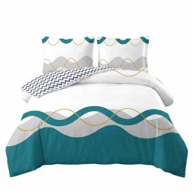 3 Piece Reversible Duvet Cover Set, Heavyweight High-GSM Microfiber Bedding With Zipper & 4 Corner Ties, US Designer Modern Teal Wave & Chevron Geomet (Option: Queen)