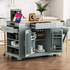 Fluted Rolling Kitchen Island with Power Outlet (Material: MDF,Rubber Wood, Color: Grey+Blue)
